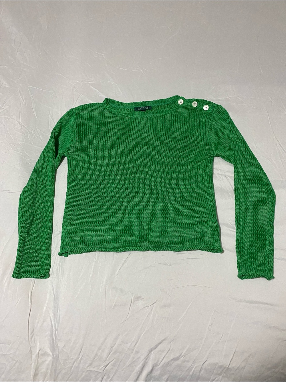 Lauren Ralph Lauren Green Button-Shoulder Crew Sweater